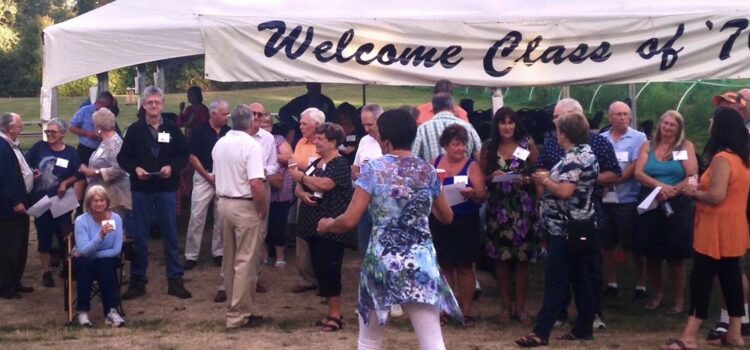 The group listening to welcome remarks by Betty - 45th Reunion